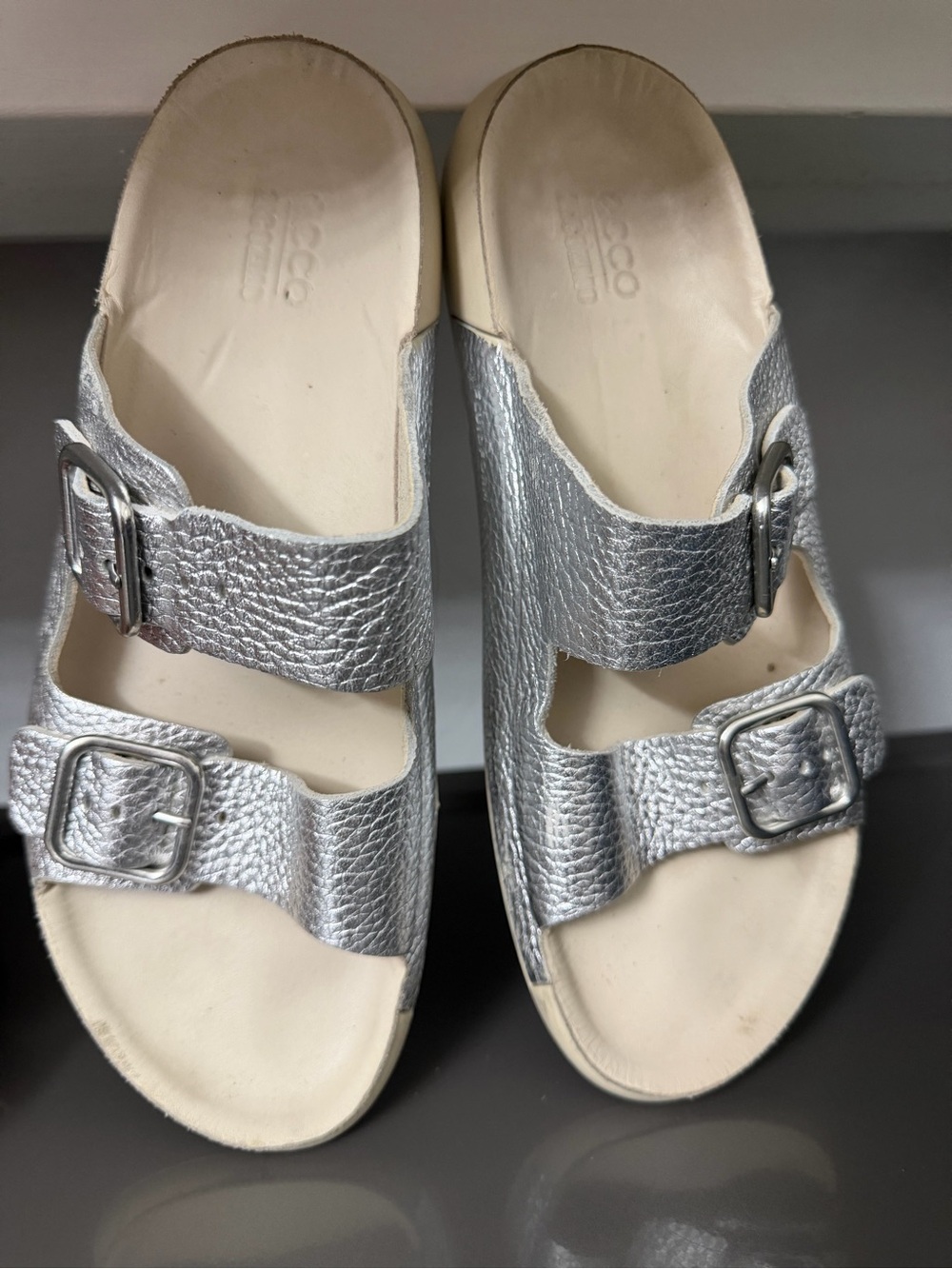 Ecco Metallic Silver Double-Buckle Slide Sandals for Women